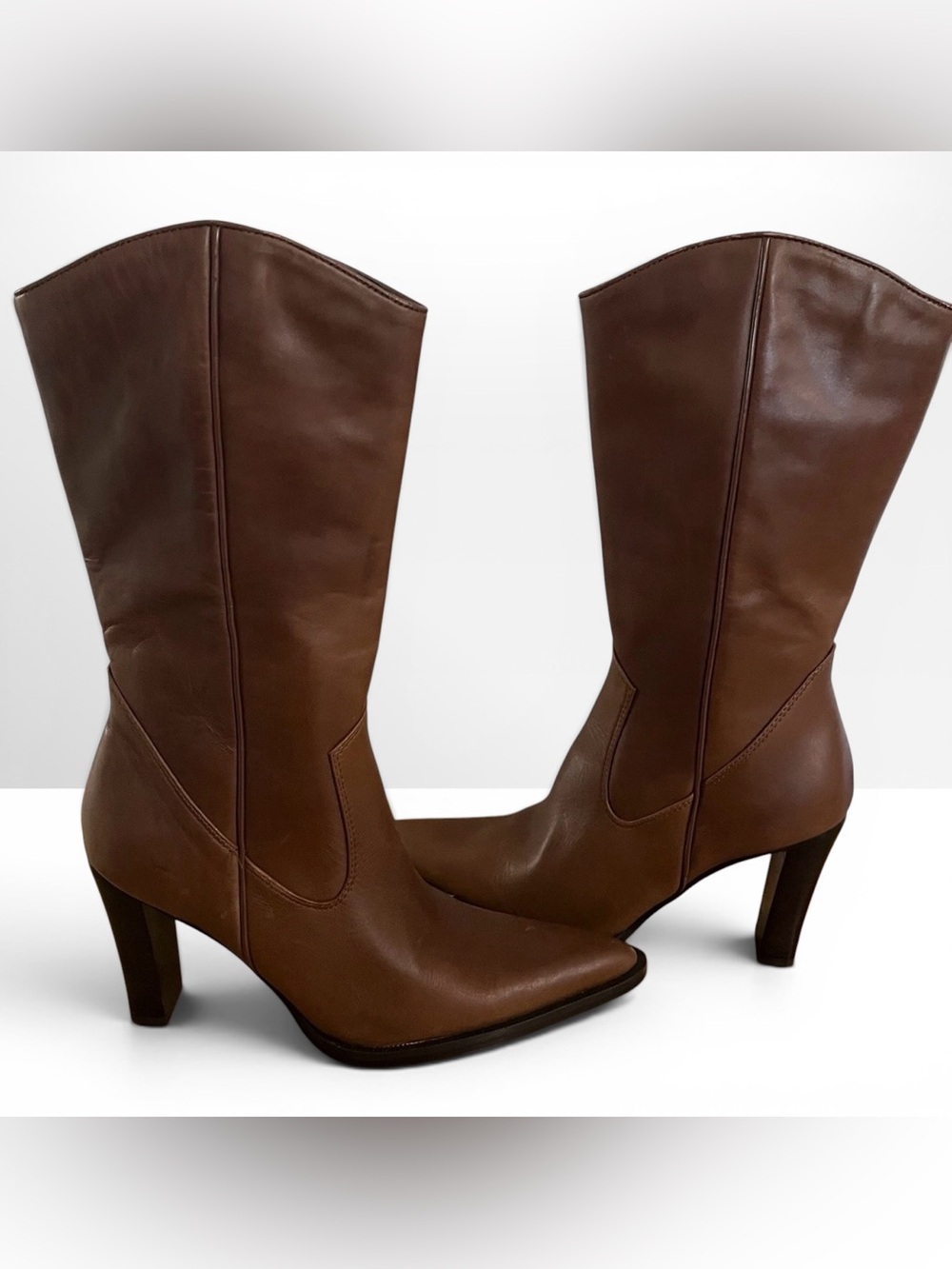 Spiegel Brown Pointed-Toe Mid-Calf Leather Zip Heeled Boots